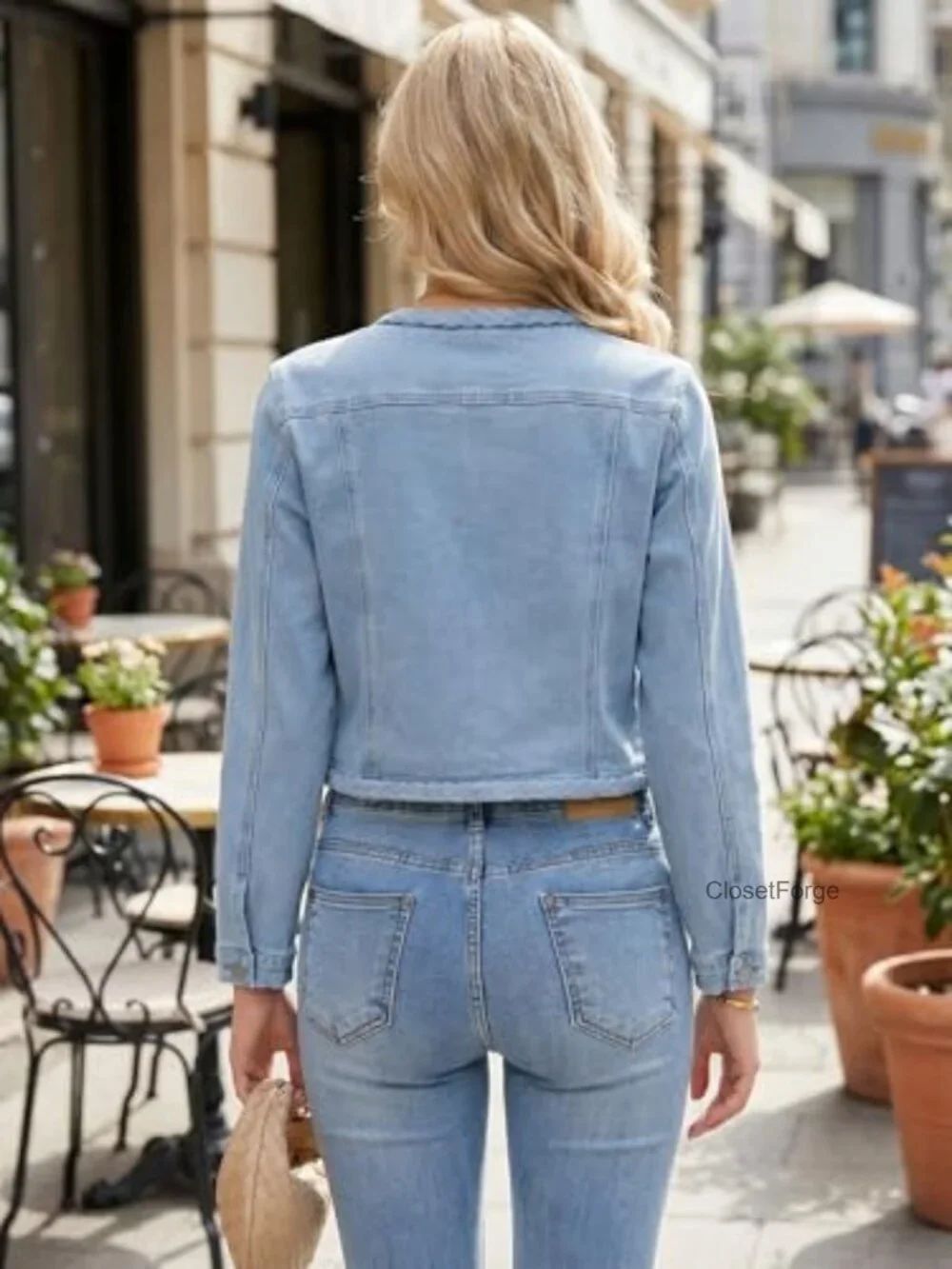 Collarless Denim Jacket - Cropped Long Sleeve Open Front